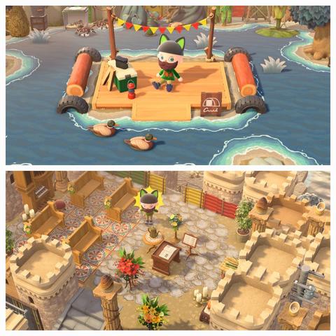 Collage of two Animal Crossing: New Horizons screenshots stacked vertically. Both screenshots have a human villager who is bald, Pirate bearded, and wearing an overall outfit including black cat ears and a green sweater as though they are cosplaying as Kiki. The upper image very cleverly  uses the campsite to appear as though it is in the middle of the water and is a floating, boat with two duck models in the foreground "floating" on the custom designed ground. The lower image shows what appears to be an area where a wedding or other ceremony may take place with sandstone castle all around, brown wedding benches to the left, and a podium to the right.