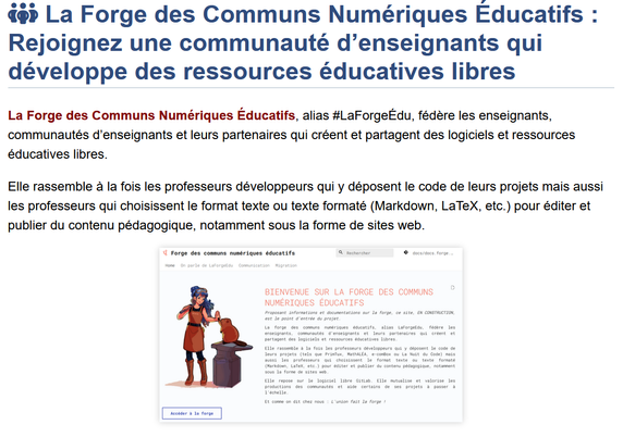 Premières sections concernant la forge des communs numériques éducatifs