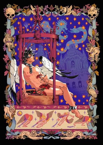 A digital drawing of a trans-masculine angel (they have visible top surgery scars) sitting atop a well and looking up with a hopeful expression. Their neck and ankle are adorned with the remnants of broken chains. The night sky features bright stars and a representation of a lion and a serpent constellations based on the art piece “El Cielo de Salamanca”. The outline of a cathedral can also be seen in the background. The piece is framed by medieval marginalia featuring different little creatures and chimeras and there’s a small narrative panel at the bottom with a series of drawings representing an angel breaking their chains and crawling away.