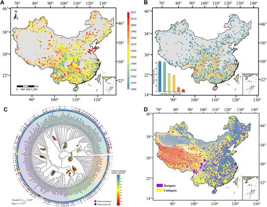 Factors used to assess collection bias: (A) time lapse in collecting history; (B) frequency of specimen collecting; (C) phylogenetic bias; and (D) collecting hotspots and coldspots.