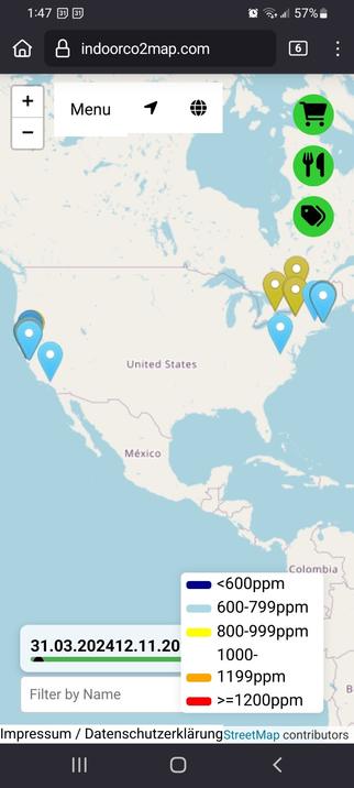 Screen shot of the crowdsourced indoor CO2 map with location pins of various colors clustered around the west coast in CA and the northeast. There are no data pins in between.