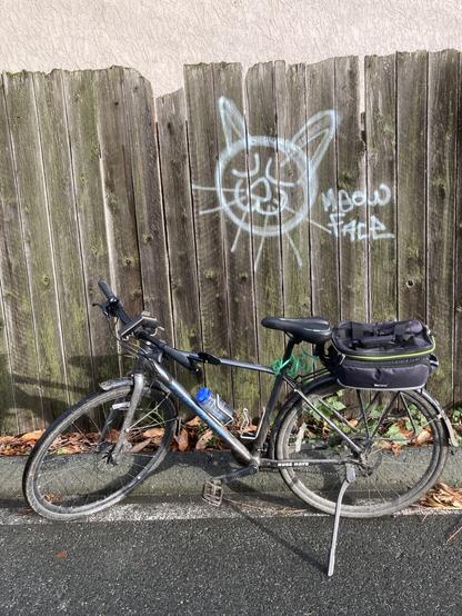 Bike parked in front of fence that has cat graffiti on it.
