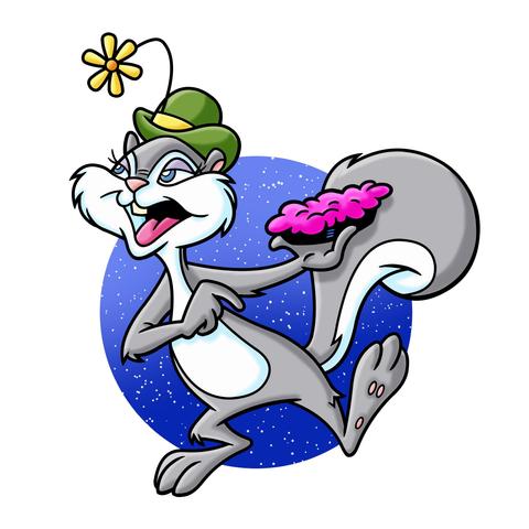 Anthropomorphic squirrel wearing a green bowler hat with a yellow band. A yellow flower is sticking out of the hat band. The squirrel has a pink pie in its left hand and is about to throw it.