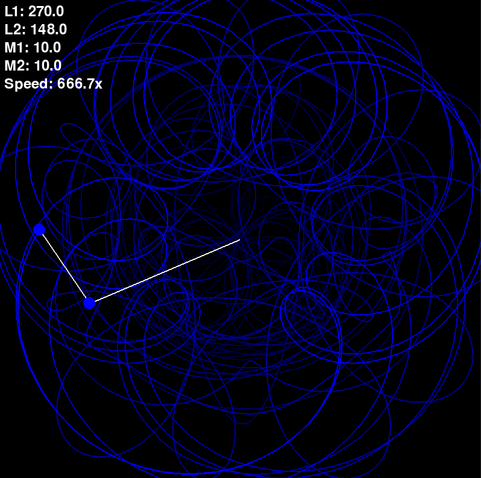 screenshot of a pygame double pendulum swinging at devilish speed (666.7)
top left is text displaying the parameters of the pendulums..
L1, L2, M1, M2, Speed: in numbers
in the center of a black 800x800 window, L1 is a line attached to the center point on one end.. a blue dot is the joint and mass1 M1(end of line 1)attached to it is L2 and mass2 M2;
at the M2 position a blue path is traced and is fading to black over its length which makes a pretty pattern