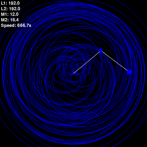 same thing, just different parameters , using R, resets the simulation..

the pattern is more circular, drawn by the path that is traced with the double pendulum