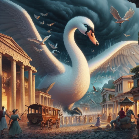 AI generated image of a giant swan standing with wings spread over an city with ancient Greek architecture. Behind the giant swan are storm clouds.