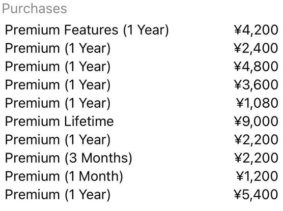 The image displays a list of In-App-Purchases labeled “Purchases” with descriptions and prices in Japanese Yen. Each line represents a different premium subscription option or duration.