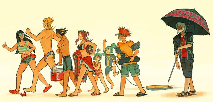 YGO 5D's group picture of the signer gang + kalin/kiryu, decked out in beachwear