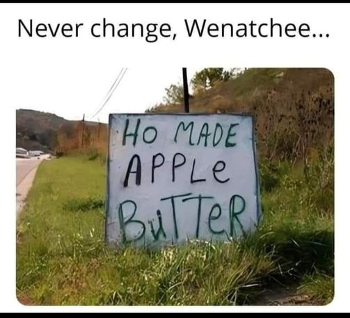 A handmade sign set in the grass by the side of a road. It reads "Ho Made Apple Butter." The first word is spelled "H-O."