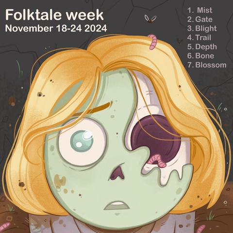 mon OC de petite fille zombie, qui sort de terre, pour annoncer ma participation au challenge de la folktale week la semaine prochaine
avec la liste des 7 prompts en anglais :
mist, gate, blight, trail, depth, bone, blossom