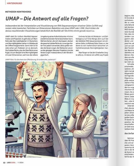 Comiczeichnung eines jungen Forschers, der jubelnd einen ausgedruckten UMAP-Plot über den Kopf hält. Dahinter fasst sich eine junge Kollegin mit geschlossenen Augen konsterniert an die Stirn. Um das Bild fließt teilweise angeschnittener Text des zugehörigen Artikels. Links oben Dachzeile "Methoden-Kontroverse" und Überschrift "UMAP – Die Antwort auf alle Fragen?", darunter der Vorspann und beginnender Fließtext.