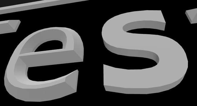 White letters on black background, viewed from an angle. The letter e has a visible chamfer, the letter s doesn't.