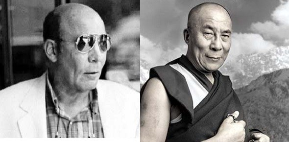 On the left HUnter S Thompson , wearing sunglasses. On the right, his holiness the Dalai Lama. They look like they could twin.s