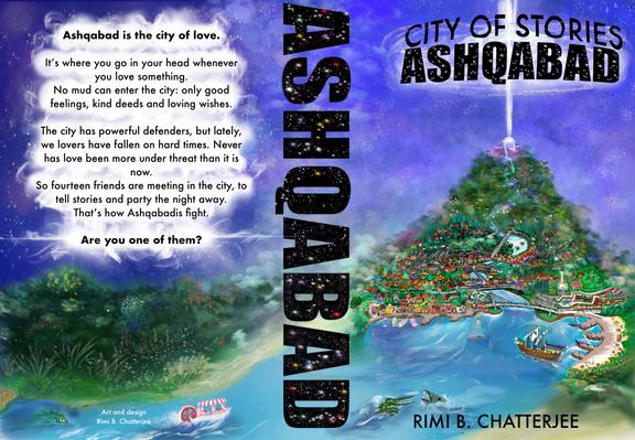 Hand drawn cover of Ashqabad novel showing a fantasy mountain with a city on it and a river running down from the summit. A shaft of light rises from the highest point.