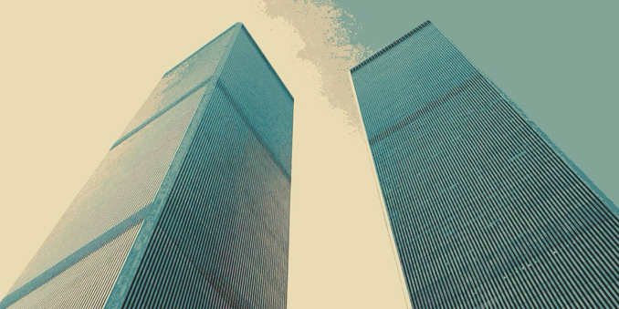 The Twin Towers viewed looking upwards.