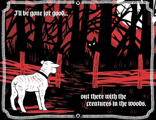 A limited palette image of a lamb looking beyond a broken down fence into the trees. A moon illuminates from behind showing the silhouette of a wolf peering at the lamb. An old calligraphy text is overlayed with the lyrics from mother mother’s song, the sticks: “i’ll be gone for good… out there with the creatures in the woods.”