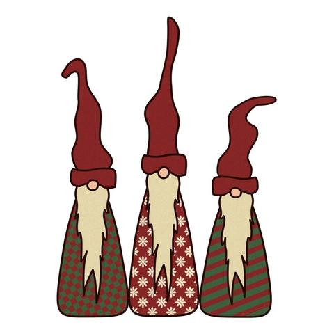 3 illustrated christmas gnomes in seasonal outfits with long beards and tall hats