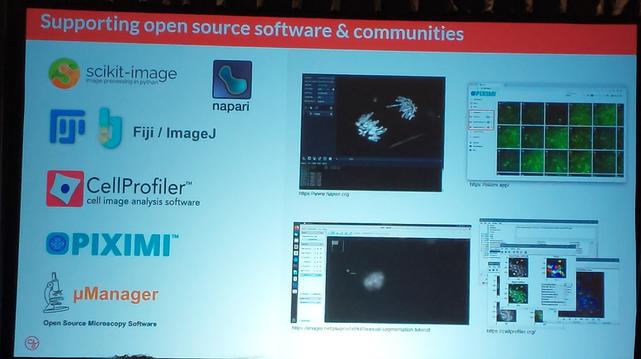 A slide titled "Supporting open source software and communities" showing logos and screenshots from scikit-image, napari, ImageJ, Fiji, CellProfiler, Piximi, and MicroManager