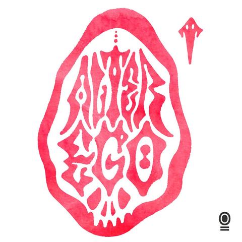 Lettering piece, textured red on white background, showing a skull with an enormous forehead and the words alter ego written on the skull, the letters are like a mix of art nouveau and hard rock kind of vibe, with lots of turns and corners and organic shapes.
