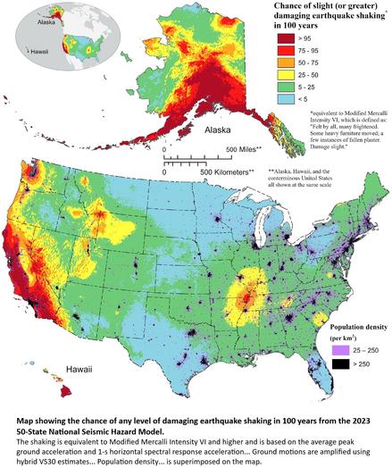 Map showing the chance of any level of damaging earthquake shaking in 100 years from the 2023 50-State National Seismic Hazard Model.