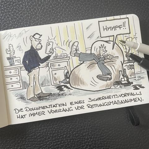 Buddy Müller fotografiert seinen Chef, den EmmDee, wie dieser in einem Sitzsack versinkt.