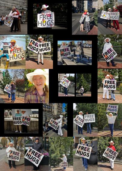 This image is a composite of 20 images of Marcia (and sometimes others) with Free Hugs posters).