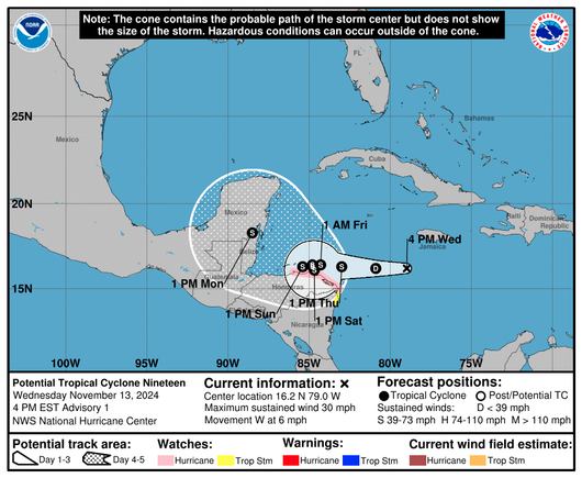 Map showing a tropical depresison, soon a tropical storm, drifting towards Nicaragua