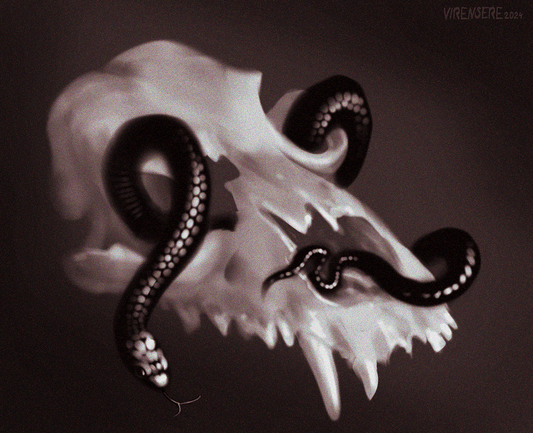 Digital painting of an animal skull with a black snake slithering between the sockets.