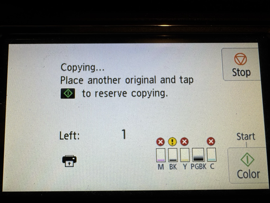 A printer screen shows that the machine is copying. A message says “Place another original and tap [Start] to reserve copying.