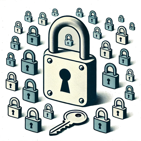 "A large lock surrounded by many smaller locks. One key lies near the large lock.