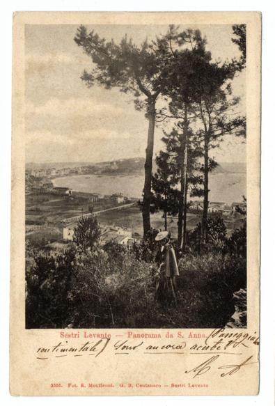 The image shows a vintage postcard featuring an old photograph of the seaside town of Sestri Levante in Italy. The scene captures tall, leafy trees on a hillside overlooking a coastal landscape with buildings and structures near the water's edge.

In the foreground stands a person wearing a hat and long coat, who appears to be gazing at or admiring the view below them. Their posture suggests contemplation or observation of the picturesque scenery. The sky is overcast, adding a subdued atmosphere to the overall composition.

The postcard carries handwritten text in various languages including Italian (Sestri Levante - Panorama da S. Anna), French ("Souvenir"), and English ("Panoramic view from St. Anne"). Additional writing indicates signatures or notes possibly related to the photographer's name, dates of creation, locations mentioned on the card.

The condition of the postcard appears aged with creases, stains, and wear marks indicative of its historical age and use over time. The text at the bottom reads "Fot. E. Moutonni" which likely refers to a French photographer or studio responsible for producing this image.