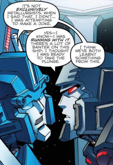 Panel from “Transformers: More Than Meets The Eye” issue 44. Ultra Magnus and Megatron are face-to-face, trying to explain a joke to each other and failing.