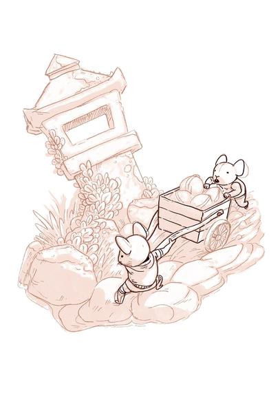 Mice transporting nuts on a cart