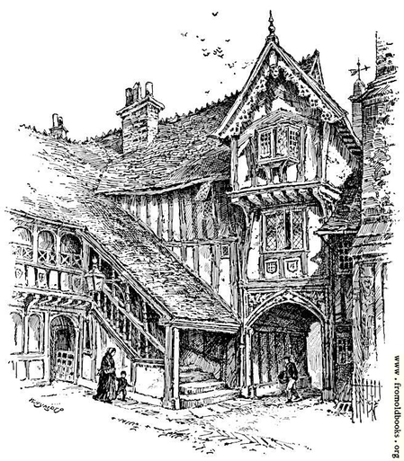 Black and white engraving of pen-and-ink drawing of medieval building with outdoor covered stiarcase, vertical beams, latticed windows, brick chimneys.
