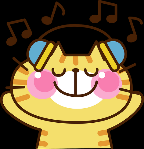 Clip art image of a smiling cat wearing headphones to listen to music.