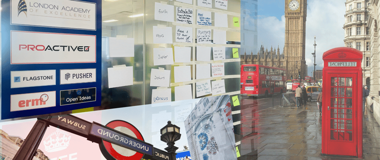 a montage of photos showing the grid (a timetable of sessions) next to a poster of sponsors names and logo, a snapshot of part of the Underground sign at Picaddilly Circus, and a photo combining a view of an old telephone box, a London Bus and the The Elizabeth Tower with Big Ben