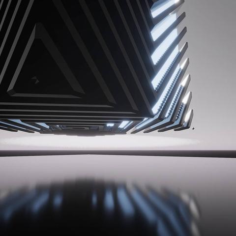 A giant dark cube with shining patterns floats over a terse reflecting surface