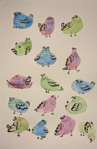 A photo of artwork. It has 16 blobs made out of watercolour. The blobs are in either blue, purple, or green. These have been drawn over with black ink to make silly cartoon pigeons in various poses.