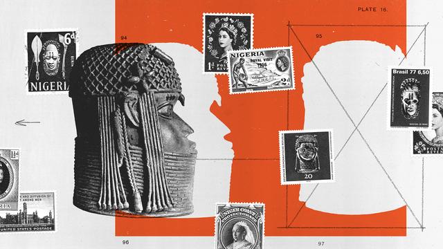 Collage d’ub visuel de statue africaine de profile et de timbres du Royaume Unis et du Benin.
