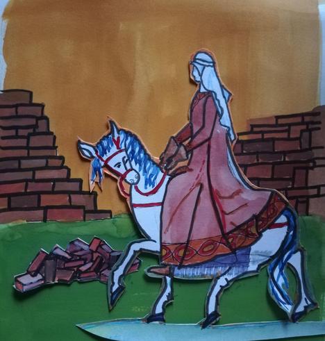 Design for the panel of Aethelflaed, Lady Of The Mercians. The background shows a stone wall with a break in it, the whole backed by yellow, which will be underside couching in the embroidery. Aethelflaed wears a red dress and white veil, and she's riding a white/grey horse with blue mane, hoofs and tail.