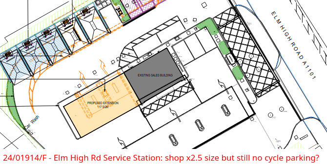 Partial plan of the service station, showing the sales building more than doubling.