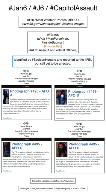 FBI wanted photos of January 6th riot suspect known to Sedition Hunters as “Man Purse Man” (FBI Photo Number Four Hundred Ninety-Five). Subject to updates, corrections, and revisions. All suspects are presumed innocent until proven guilty in a court of law.