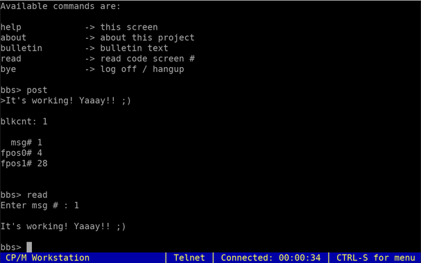 Screenshot of a telnet terminal connection to my pseudo bbs test code, demonstrating reading, index listing and writing text messages to the system.