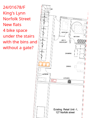 excerpt of a plan showing 4 bike spaces under the stairs but apparently no gate