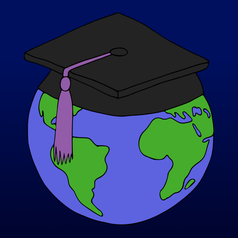 An illustration of the earth wearing a graduation mortar board with a purple tassel. (Illustration by Jenny Mathiasson 2024)