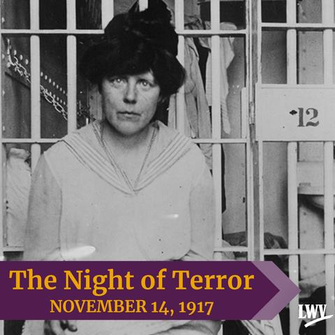 Lucy Burns in Occoquan Workhouse, November 1917. She is sitting with a newspaper in her hands, looking at the photographer, the metal bars of a jail cell just behind her. Text says "The Night of Terror, November 14, 1917."