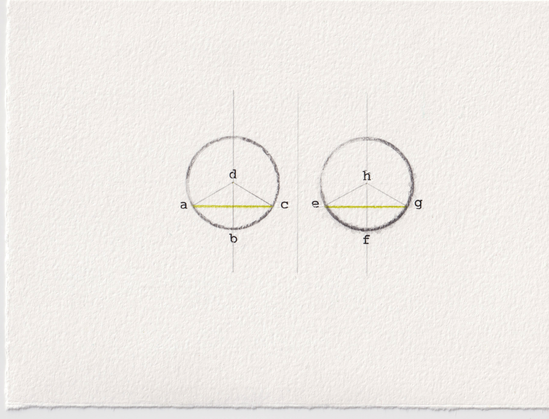 A rendering of proposition 28 from book III of the 1482 print-edition of Elements; done with mixed media.

Two circles, similar in size; within which are identical chartreuse chords from which identical triangles are drawn. Through & between them are three lightly-drawn vertical lines, spaced equidistantly; once actively operable but only during the planning phase.