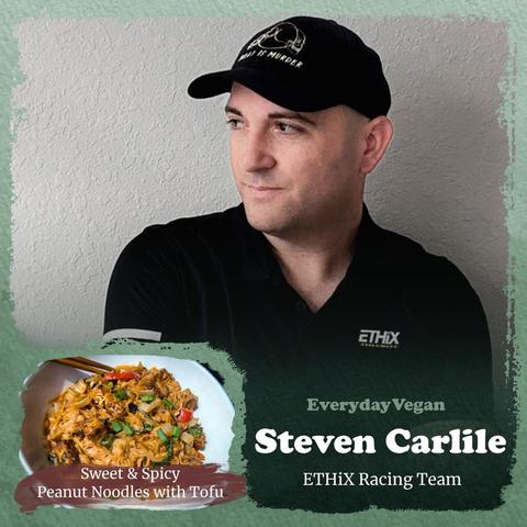 Photo of Steven Carlile of ETHIX Racing and inset photo of his recipes, Sweet and Spicy Peanut Noodles with Tofu