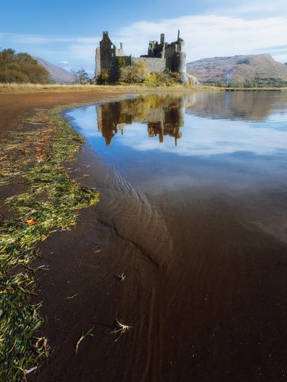 The ruined stone towers of Kilchurn Castle stand proudly on a small promontory, perfectly mirrored in the still waters of Loch Awe on an autumn morning. The medieval fortress, with its weathered grey walls partially covered in yellow-green foliage, is dramatically framed by the rolling Highland mountains beneath a bright blue sky with wispy clouds, whilst the loch's muddy shoreline is decorated with scattered marsh grasses and seasonal debris.