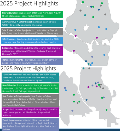 Map of Seattle with dots highlighting different 2025 projects.